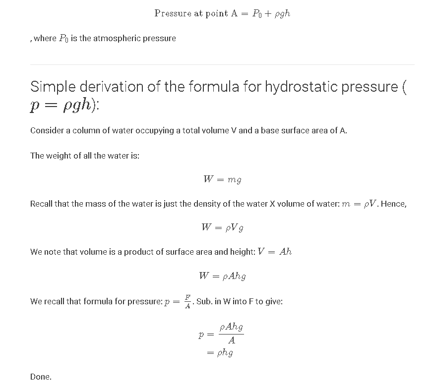 A simple derivation of the formula for hydrostatic pressure (p=ρghp=ρgh)